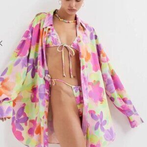 For Love & Lemons Cydney Button Up Shirt Floral Watercolor Beach Resort Sz Small